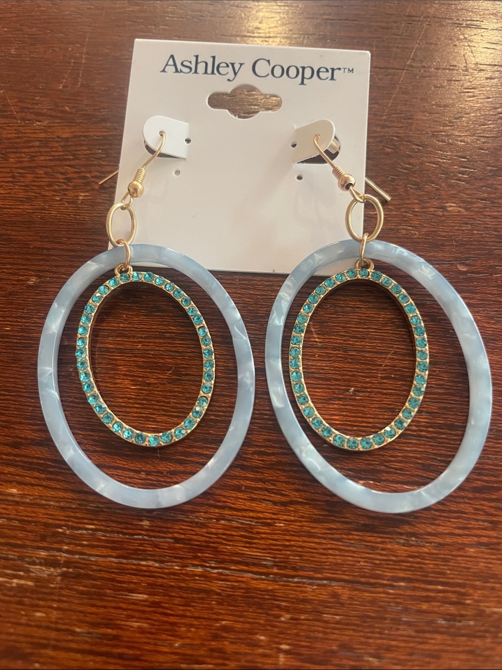 Ashley Cooper Double Oval Drop Earrings. Outer baby blue, inner rhinestone. NWT